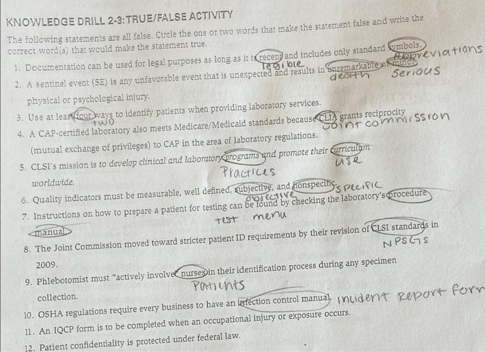 Knowledge drill 6-3 true/false activity