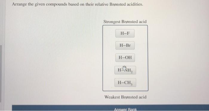 Rank given relative compounds based their equal concentrations assuming these ph solutions highest aq acid lowest h2c chch3 strongest sr