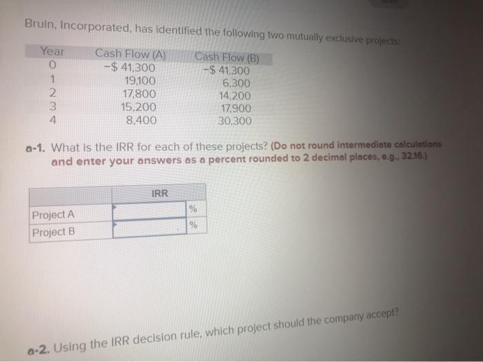 Bruin incorporated has identified the following two mutually exclusive projects